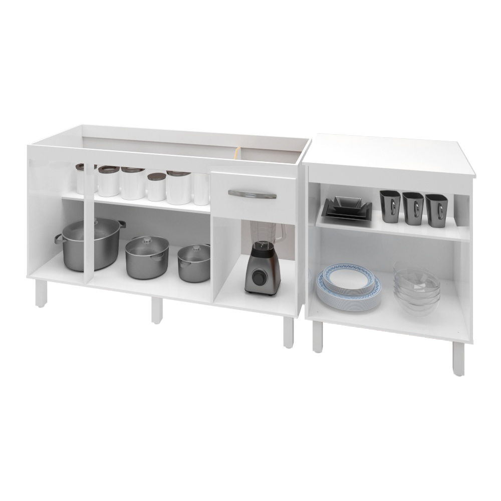 Armário Cozinha Gabinete Pia De 140 cm Camile Com Balcão Multiuso Micro-ondas Branco Serena 
