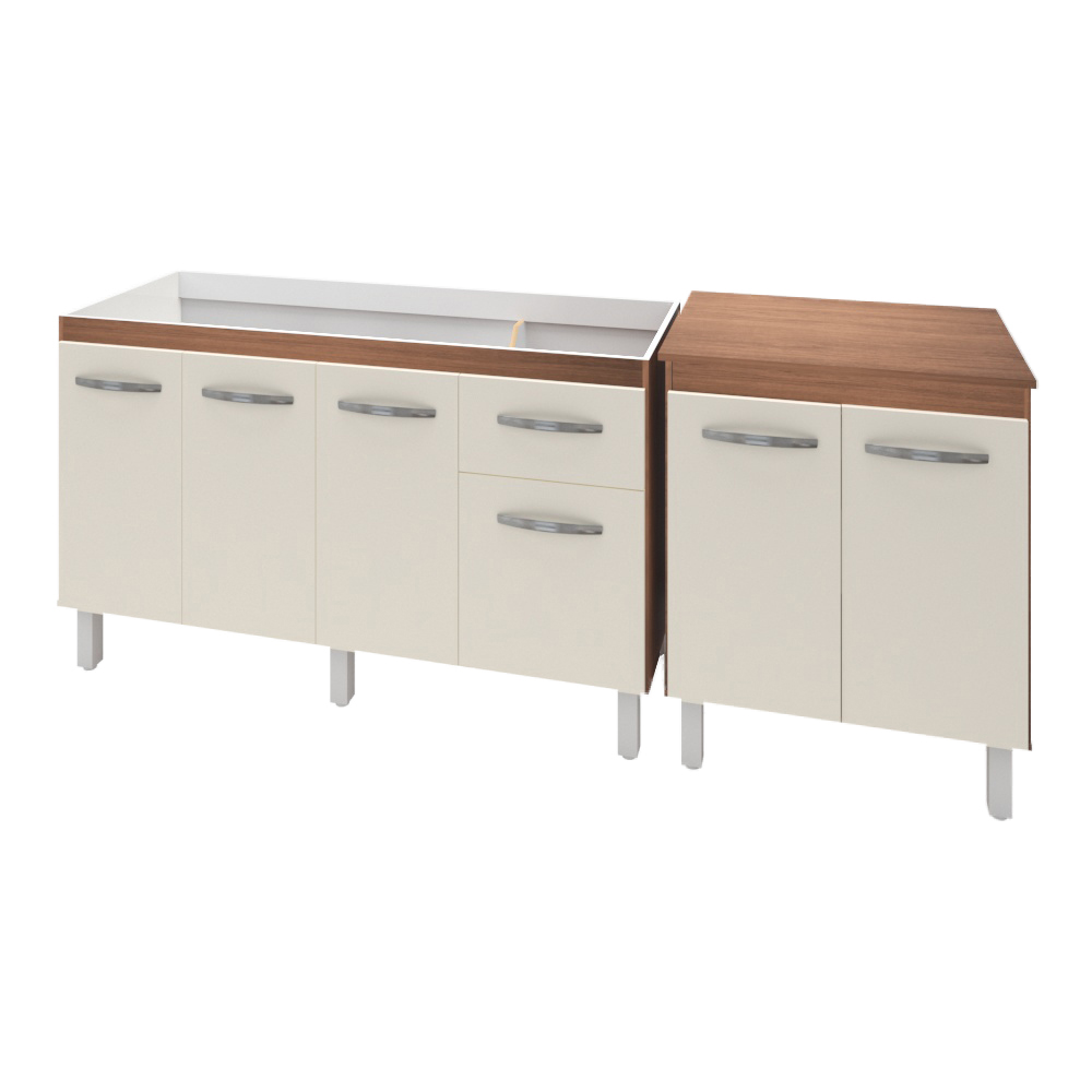 Armário Cozinha Gabinete Pia De 140 cm Camile Com Balcão Multiuso Micro-ondas Savana Frente Off-white Serena 