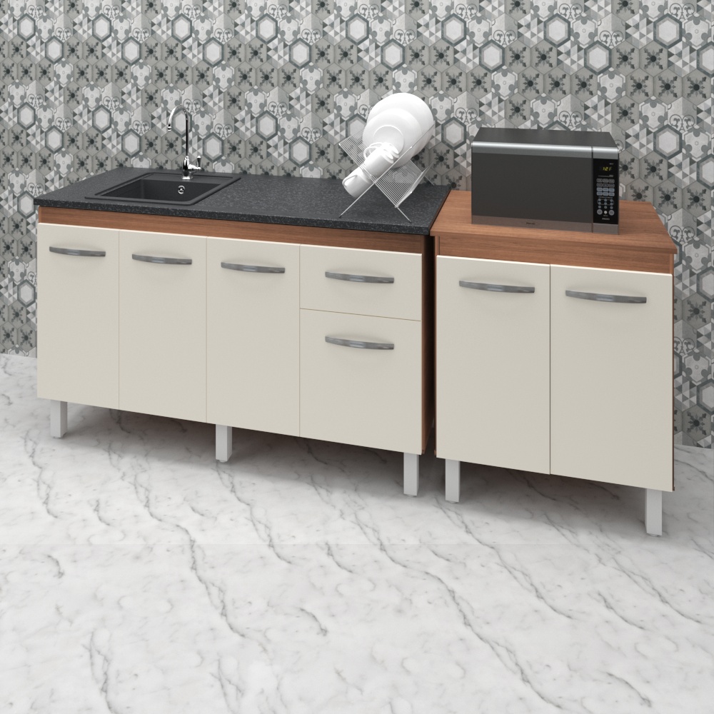 Armário Cozinha Gabinete Pia De 140 cm Camile Com Balcão Multiuso Micro-ondas Savana Frente Off-white Serena 