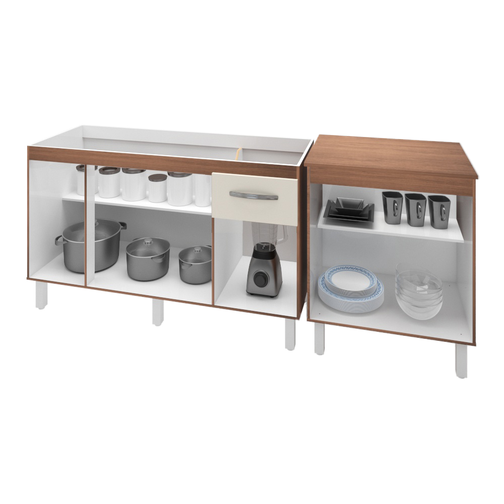 Armário Cozinha Gabinete Pia De 140 cm Camile Com Balcão Multiuso Micro-ondas Savana Frente Off-white Serena 