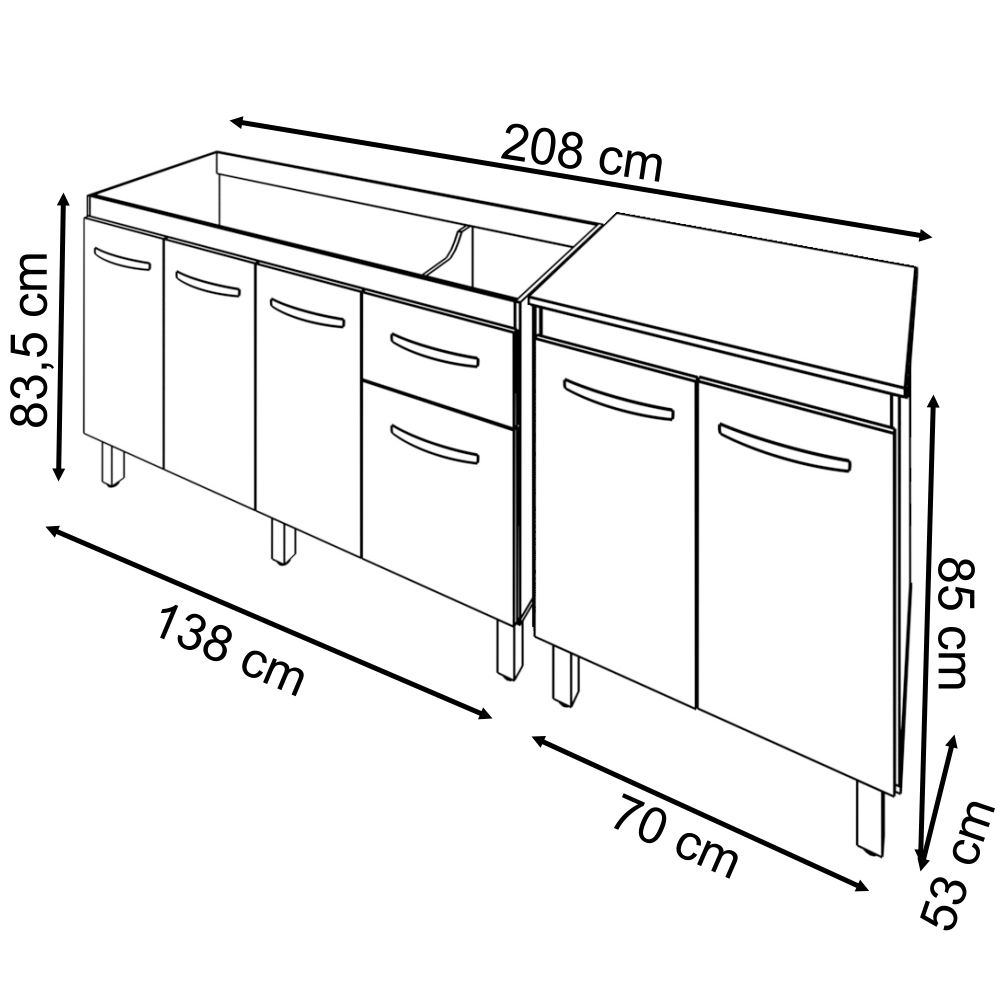 Armário Cozinha Gabinete Pia De 140 cm Camile Com Balcão Multiuso Micro-ondas Savana Frente Off-white Serena 