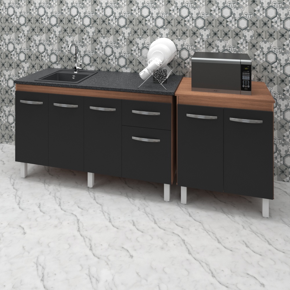 Armário Cozinha Gabinete Pia De 140 cm Camile Com Balcão Multiuso Micro-ondas Savana Frente Preta Serena 