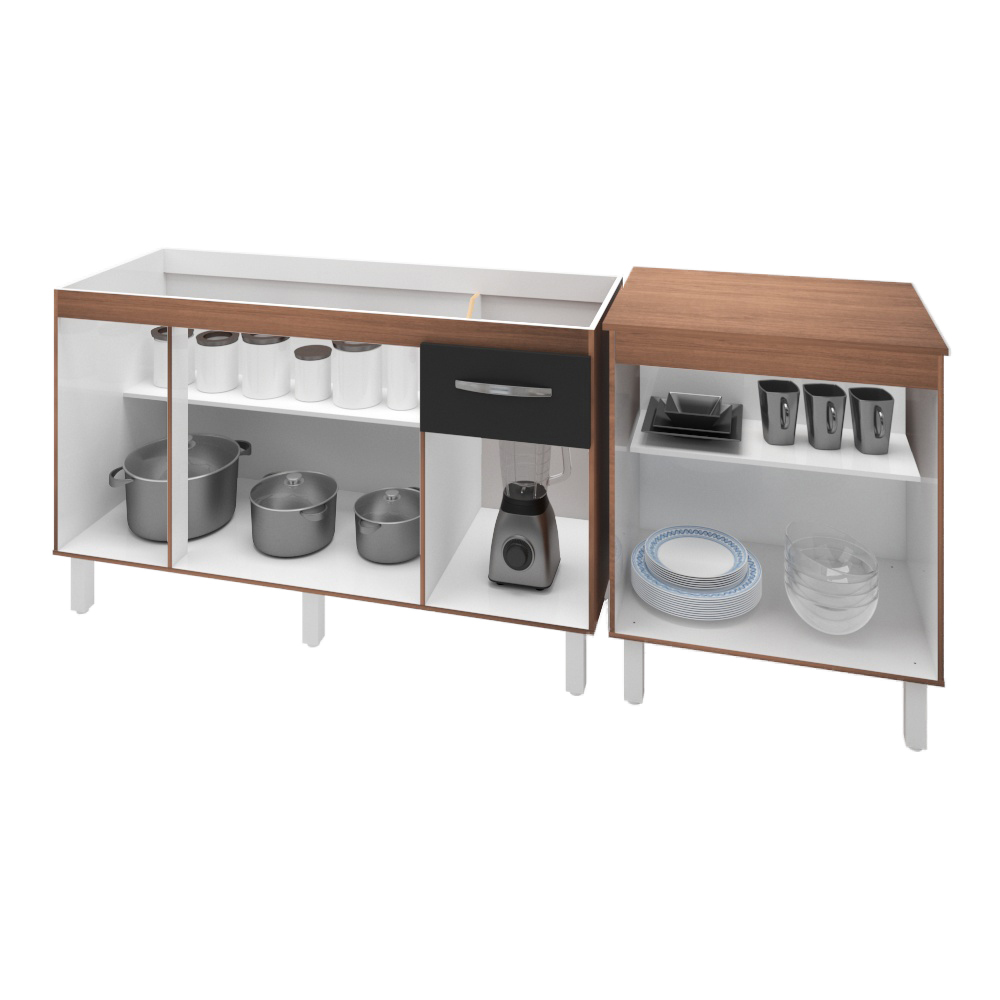 Armário Cozinha Gabinete Pia De 140 cm Camile Com Balcão Multiuso Micro-ondas Savana Frente Preta Serena 