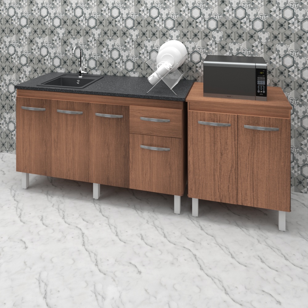 Armário Cozinha Gabinete Pia De 140 cm Camile Com Balcão Multiuso Micro-ondas Savana Serena 