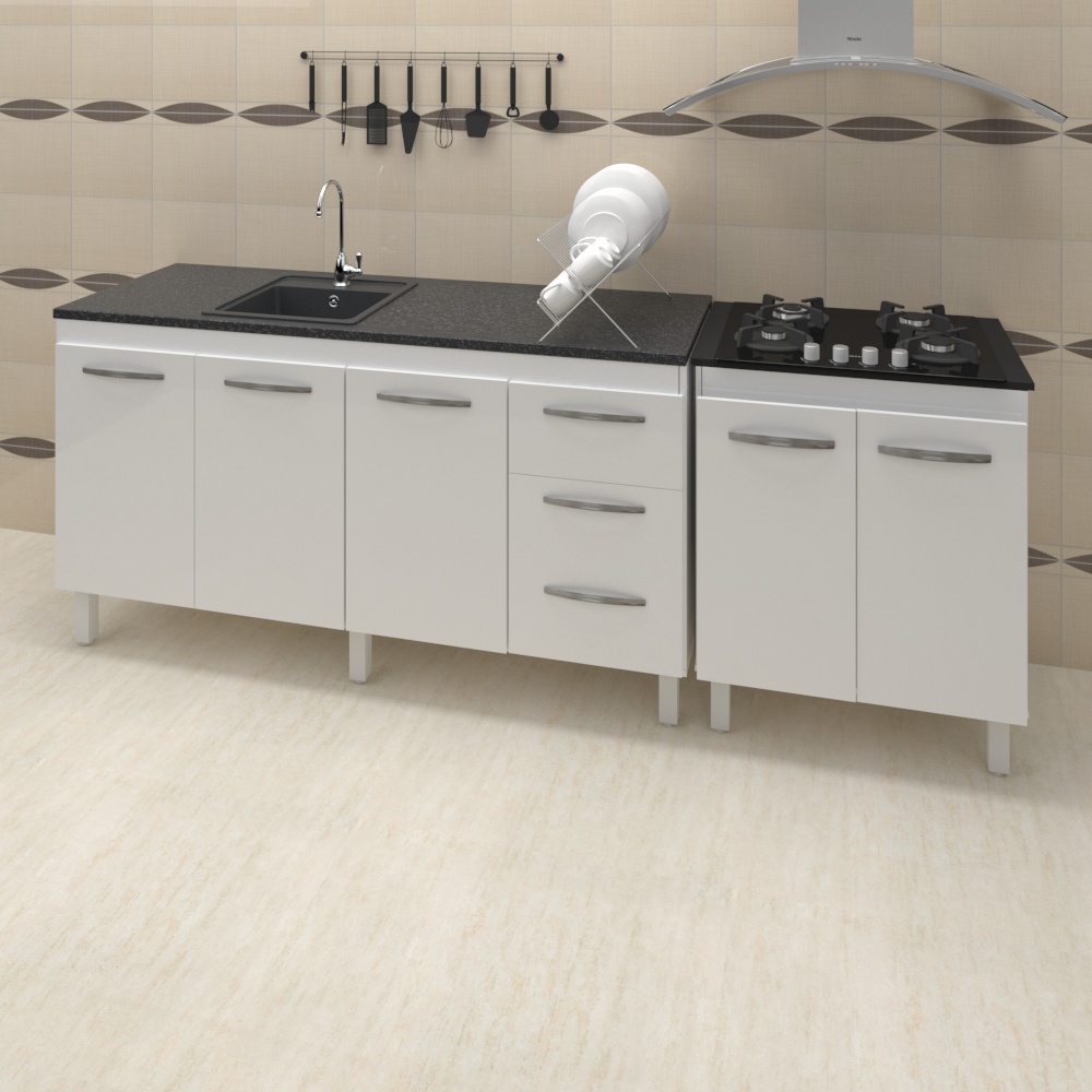 Armário Cozinha Gabinete Pia De 140 cm Carina Com Balcão Cooktop 4 Bocas Branco Jade 