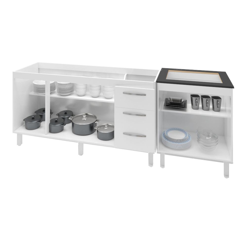 Armário Cozinha Gabinete Pia De 140 cm Carina Com Balcão Cooktop 4 Bocas Branco Jade 
