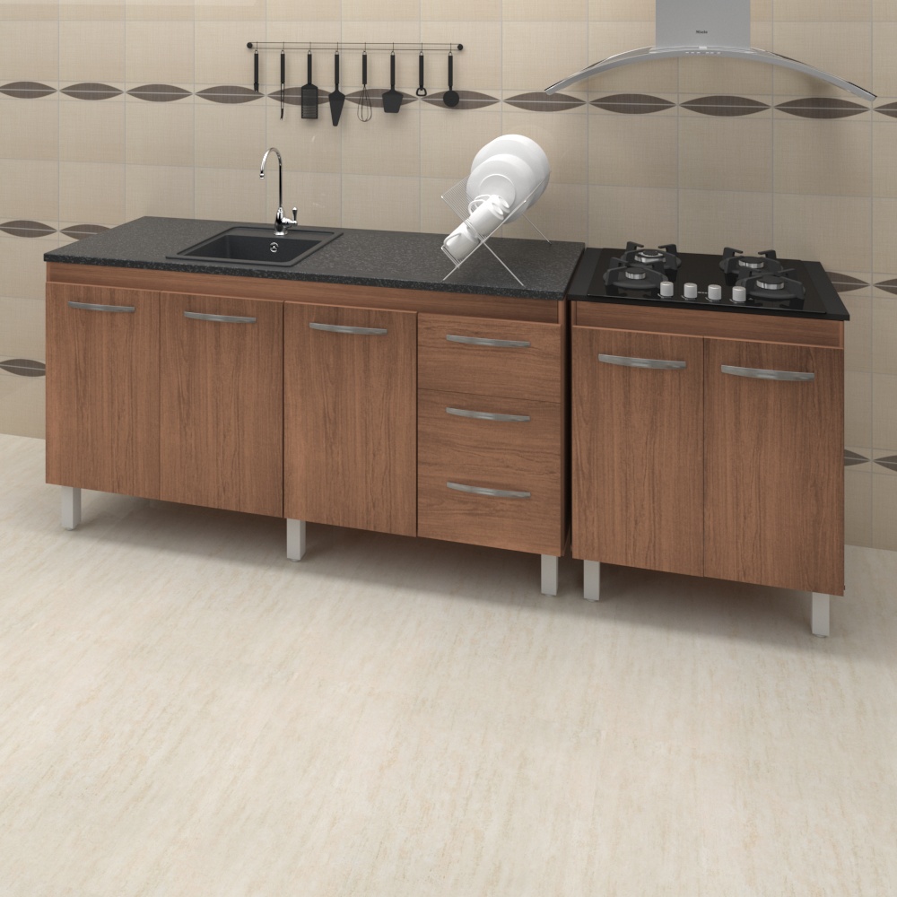 Armário Cozinha Gabinete Pia De 140 cm Carina Com Balcão Cooktop 4 Bocas Savana Jade 