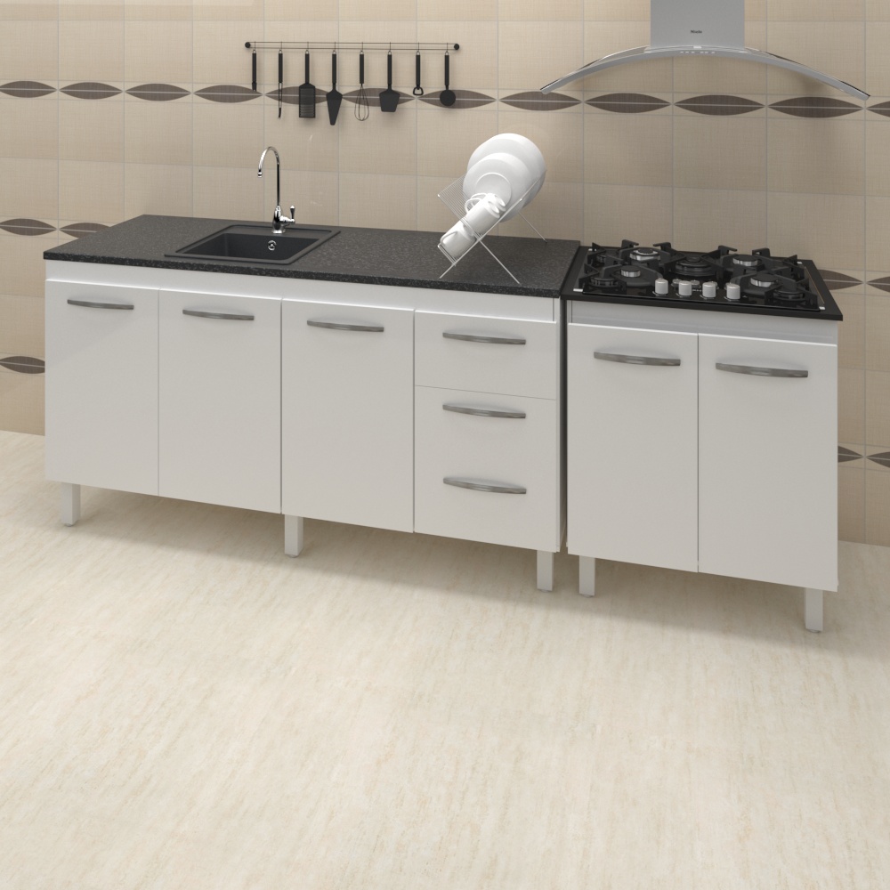 Armário Cozinha Gabinete Pia De 140 cm Carina Com Balcão Cooktop 5 Bocas Branco Jade 