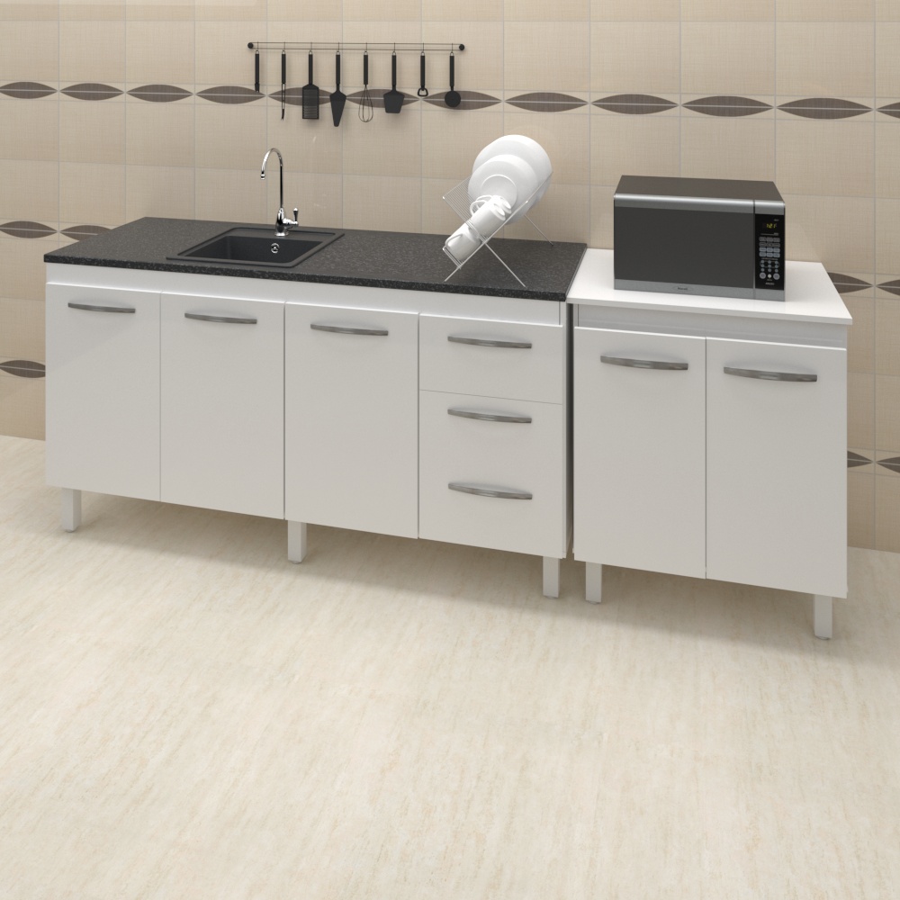 Armário Cozinha Gabinete Pia De 140 cm Carina Com Balcão Multiuso Micro-ondas Branco Serena 