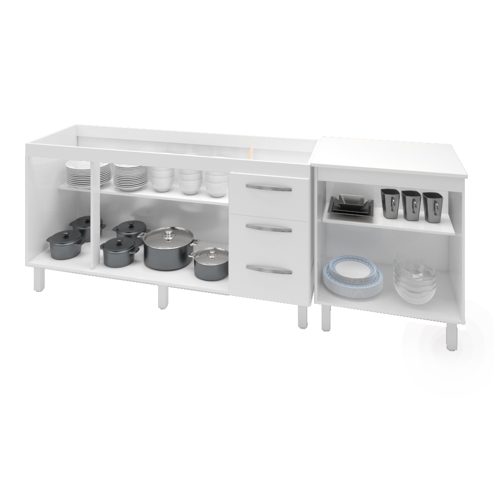 Armário Cozinha Gabinete Pia De 140 cm Carina Com Balcão Multiuso Micro-ondas Branco Serena 