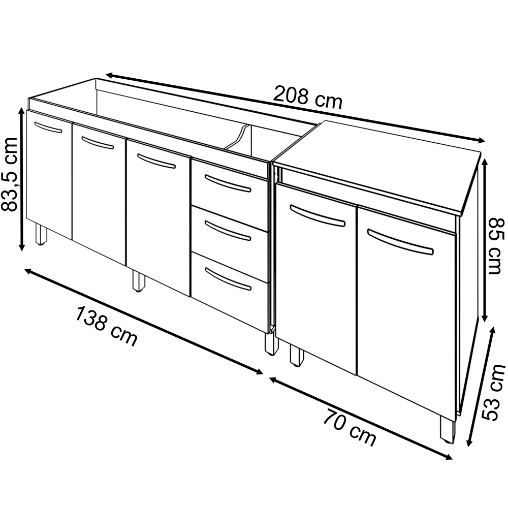 Armário Cozinha Gabinete Pia De 140 cm Carina Com Balcão Multiuso Micro-ondas Branco Serena 