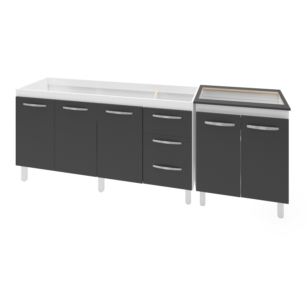 Armário Cozinha Gabinete Pia De 150 cm Diana Com Balcão Cooktop 5 Bocas Branco Frente Preta Jade 
