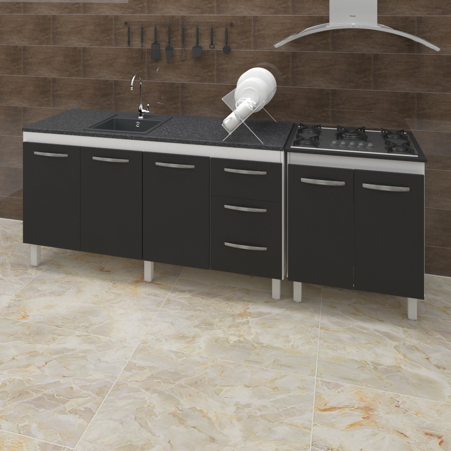 Armário Cozinha Gabinete Pia De 150 cm Diana Com Balcão Cooktop 5 Bocas Branco Frente Preta Jade 