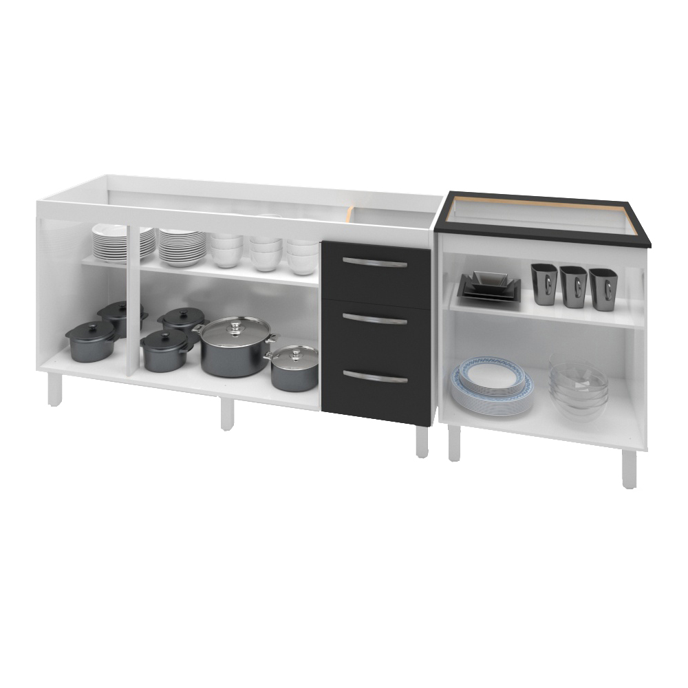Armário Cozinha Gabinete Pia De 150 cm Diana Com Balcão Cooktop 5 Bocas Branco Frente Preta Jade 