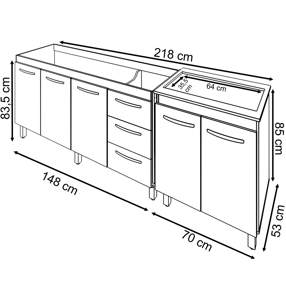 Armário Cozinha Gabinete Pia De 150 cm Diana Com Balcão Cooktop 5 Bocas Branco Frente Preta Jade 
