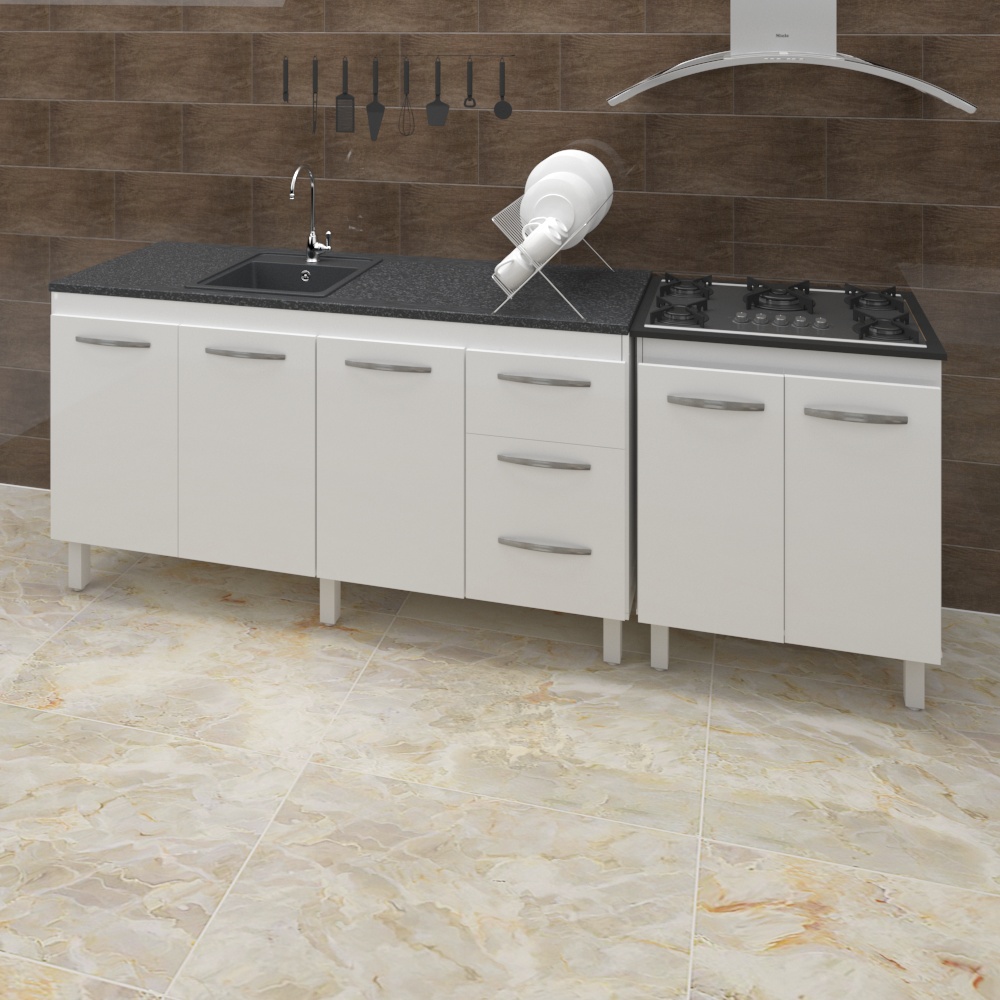 Armário Cozinha Gabinete Pia De 150 cm Diana Com Balcão Cooktop 5 Bocas Branco Jade 