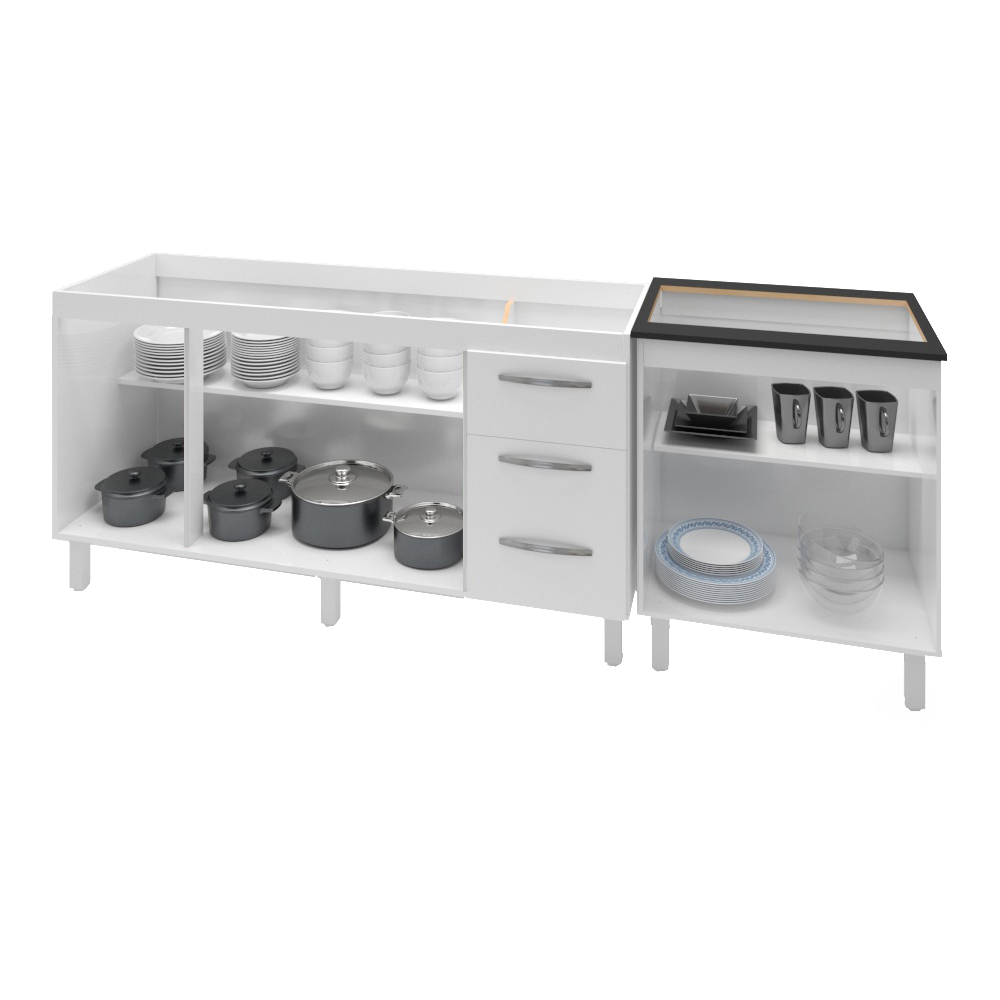 Armário Cozinha Gabinete Pia De 150 cm Diana Com Balcão Cooktop 5 Bocas Branco Jade 