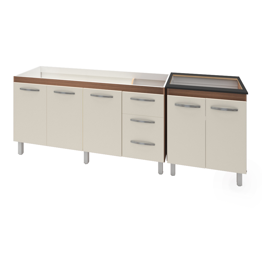 Armário Cozinha Gabinete Pia De 150 cm Diana Com Balcão Cooktop 5 Bocas Savana Frente Off-white Jade 
