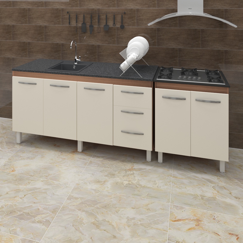Armário Cozinha Gabinete Pia De 150 cm Diana Com Balcão Cooktop 5 Bocas Savana Frente Off-white Jade 