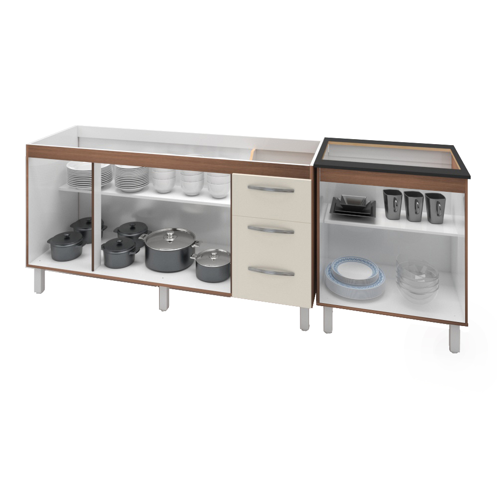 Armário Cozinha Gabinete Pia De 150 cm Diana Com Balcão Cooktop 5 Bocas Savana Frente Off-white Jade 