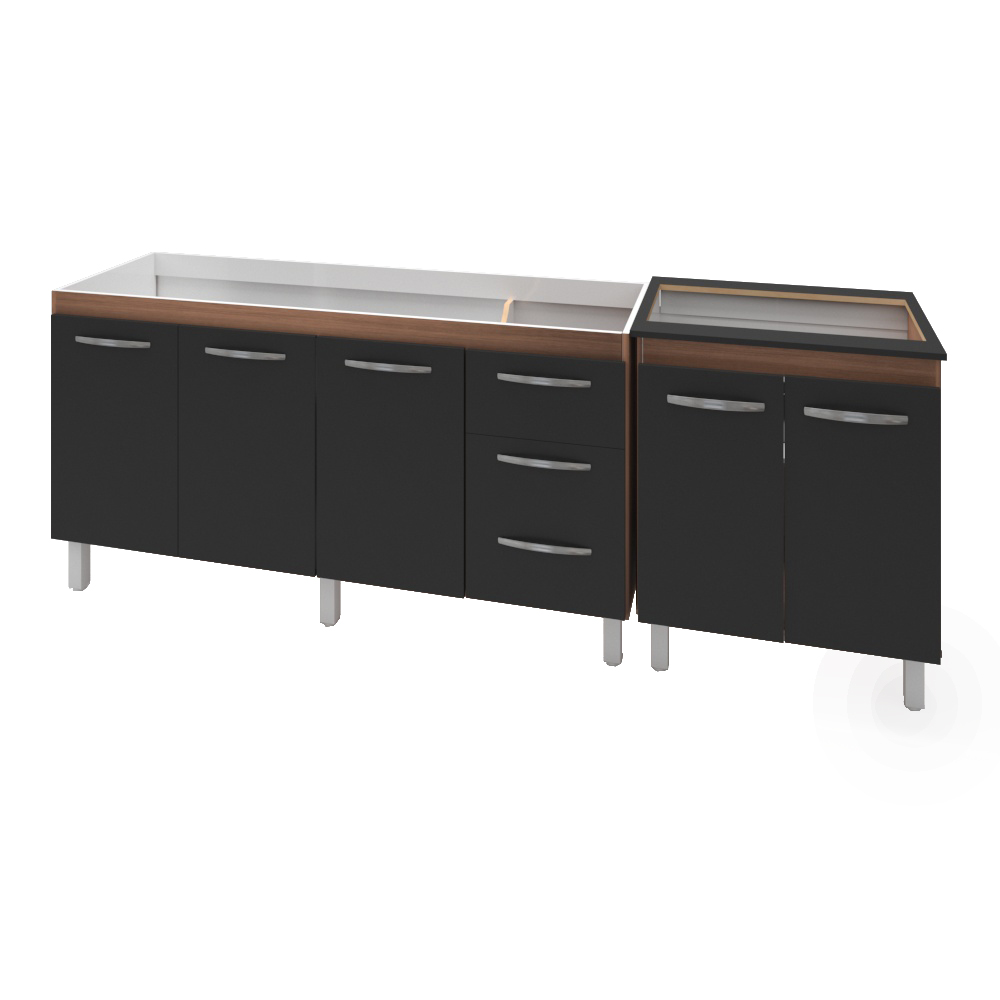 Armário Cozinha Gabinete Pia De 150 cm Diana Com Balcão Cooktop 5 Bocas Savana Frente Preta Jade 