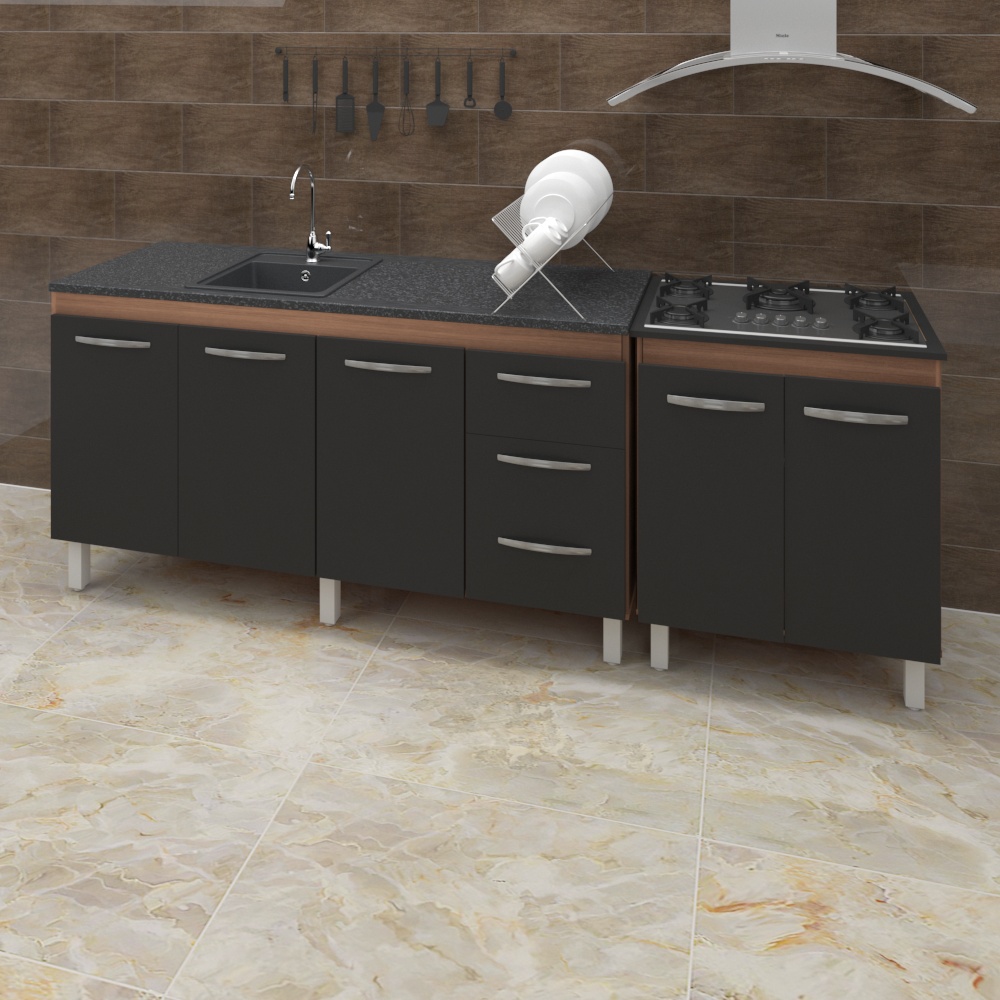 Armário Cozinha Gabinete Pia De 150 cm Diana Com Balcão Cooktop 5 Bocas Savana Frente Preta Jade 