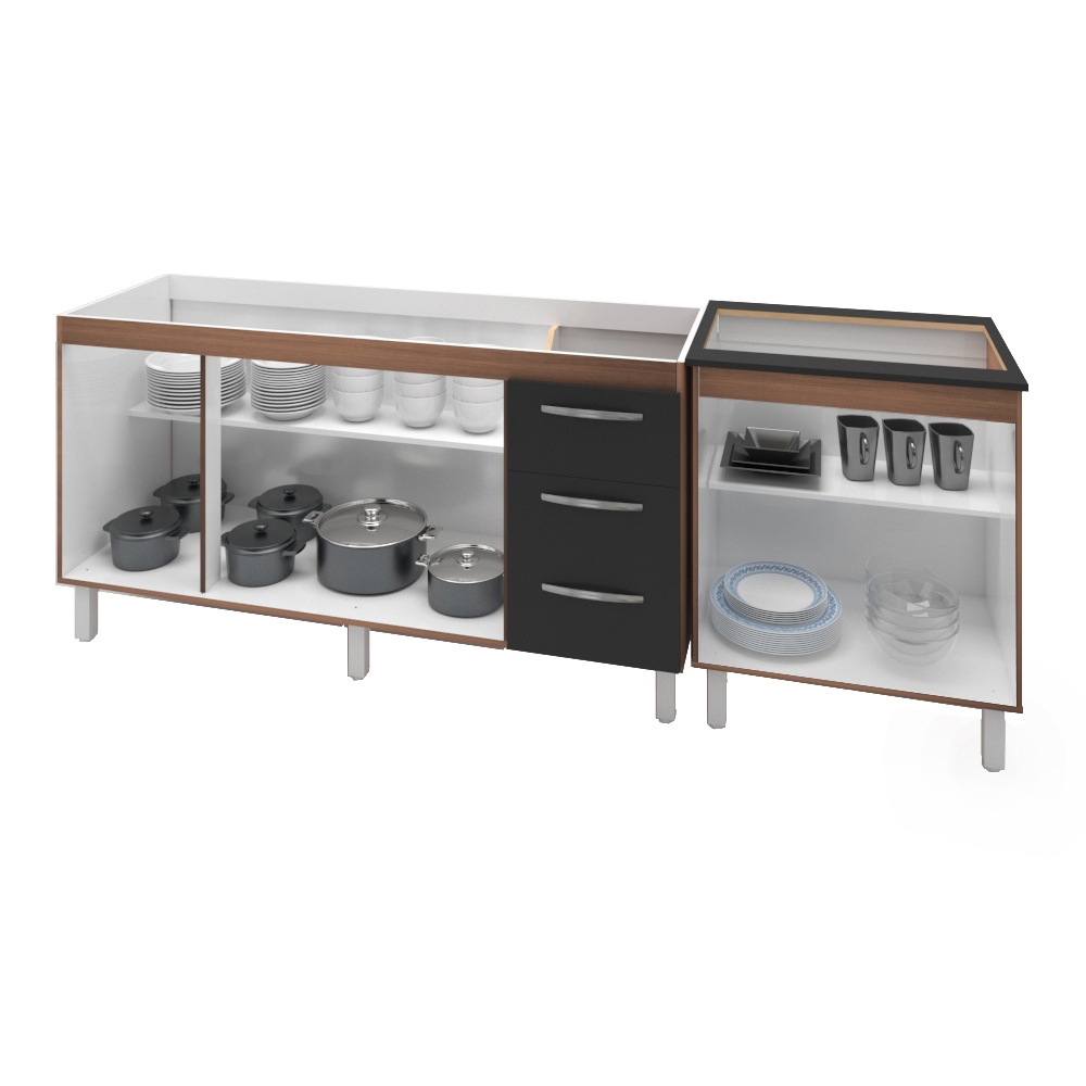 Armário Cozinha Gabinete Pia De 150 cm Diana Com Balcão Cooktop 5 Bocas Savana Frente Preta Jade 