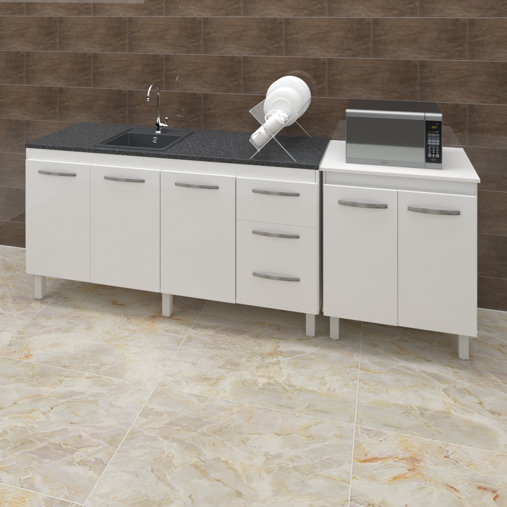 Armário Cozinha Gabinete Pia De 150 cm Diana Com Balcão Multiuso Micro-ondas Branco Serena 