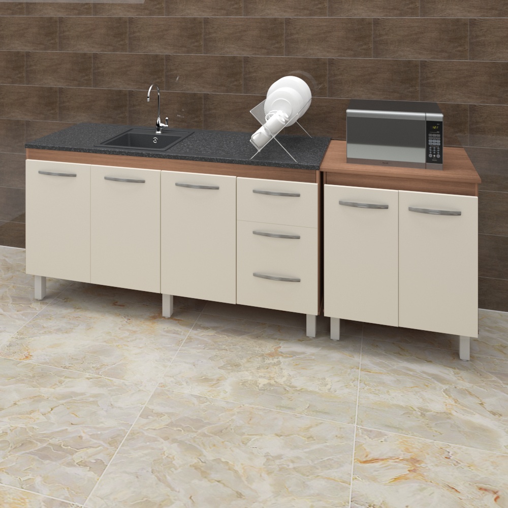 Armário Cozinha Gabinete Pia De 150 cm Diana Com Balcão Multiuso Micro-ondas Savana Frente Off-white Serena 