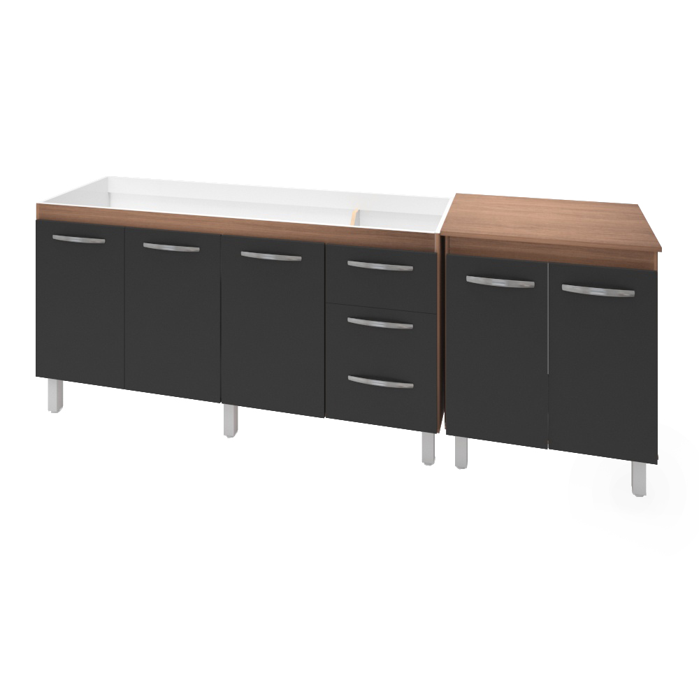 Armário Cozinha Gabinete Pia De 150 cm Diana Com Balcão Multiuso Micro-ondas Savana Frente Preta Serena 