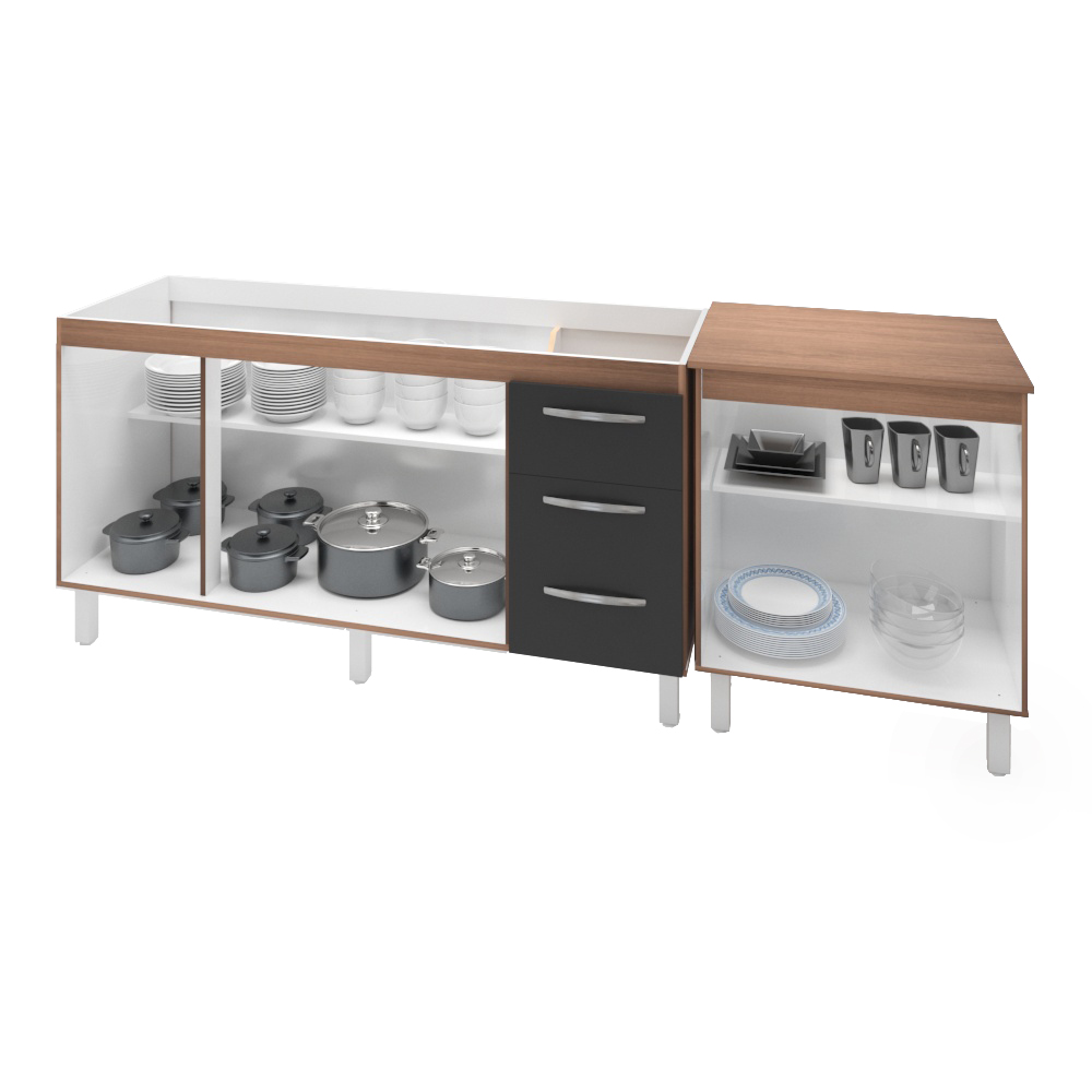 Armário Cozinha Gabinete Pia De 150 cm Diana Com Balcão Multiuso Micro-ondas Savana Frente Preta Serena 