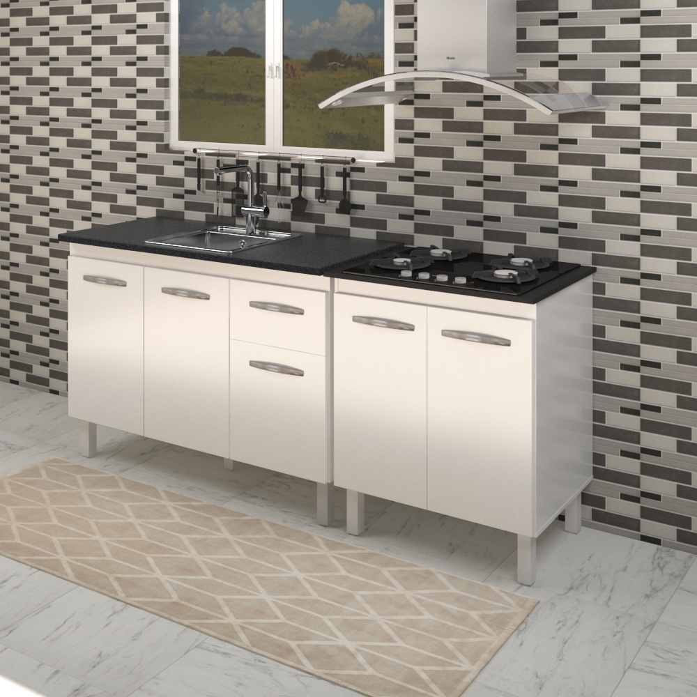 Armário Cozinha Gabinete pia de 120 cm com Balcão Cooktop 4 bocas Branco 