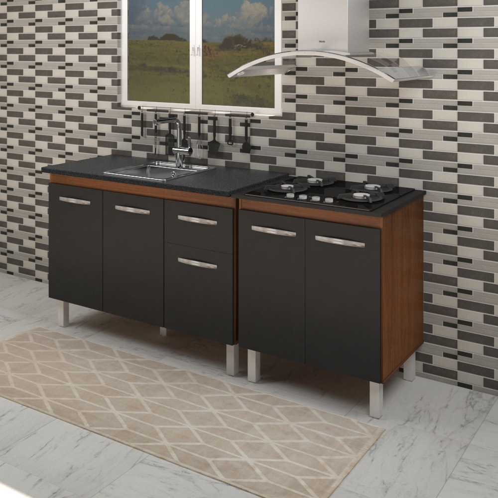 Armário Cozinha Gabinete pia de 120 cm com Balcão Cooktop 4 bocas Savana frente preta 