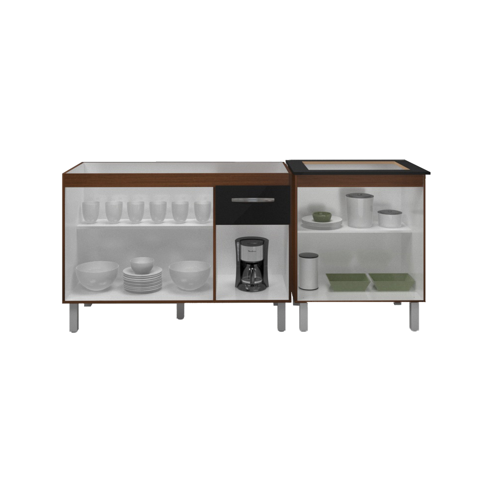 Armário Cozinha Gabinete pia de 120 cm com Balcão Cooktop 4 bocas Savana frente preta 