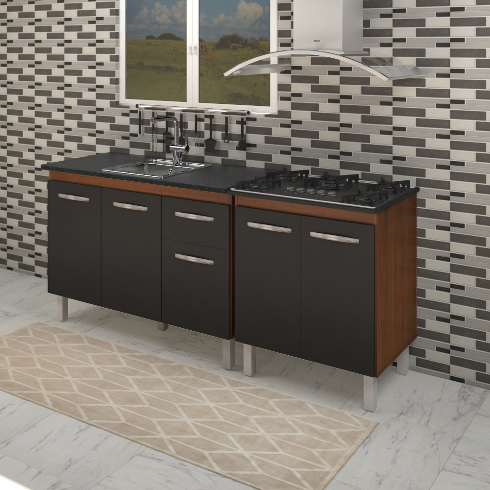 Armário Cozinha Gabinete pia de 120 cm com Balcão Cooktop 5 bocas Savana frente preta 