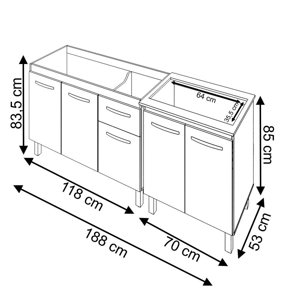 Armário Cozinha Gabinete pia de 120 cm com Balcão Cooktop 5 bocas Savana frente preta 