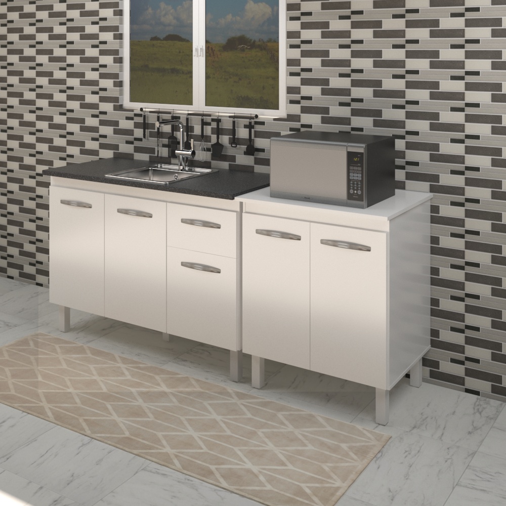 Armário Cozinha Gabinete pia de 120 cm com Balcão multiuso micro-ondas Forno Elétrico Branco 