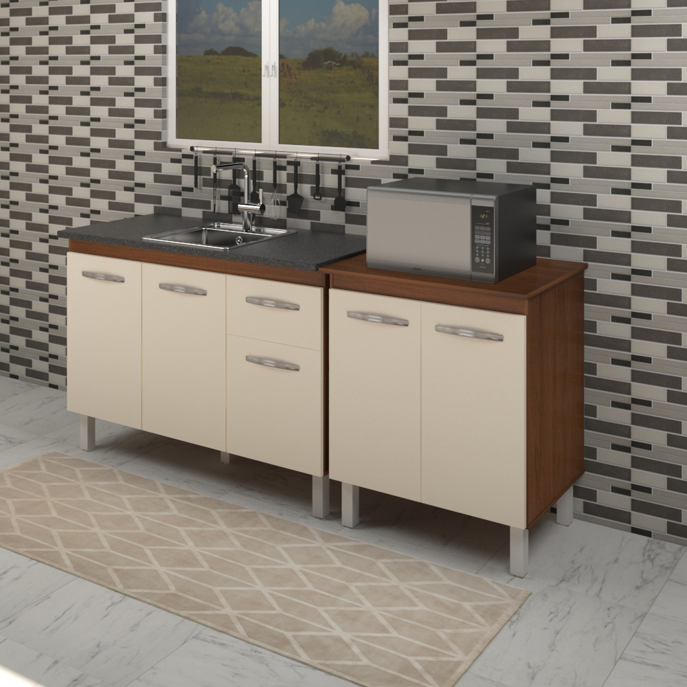 Armário Cozinha Gabinete pia de 120 cm com Balcão multiuso micro-ondas Forno Elétrico Savana frente Off-White 