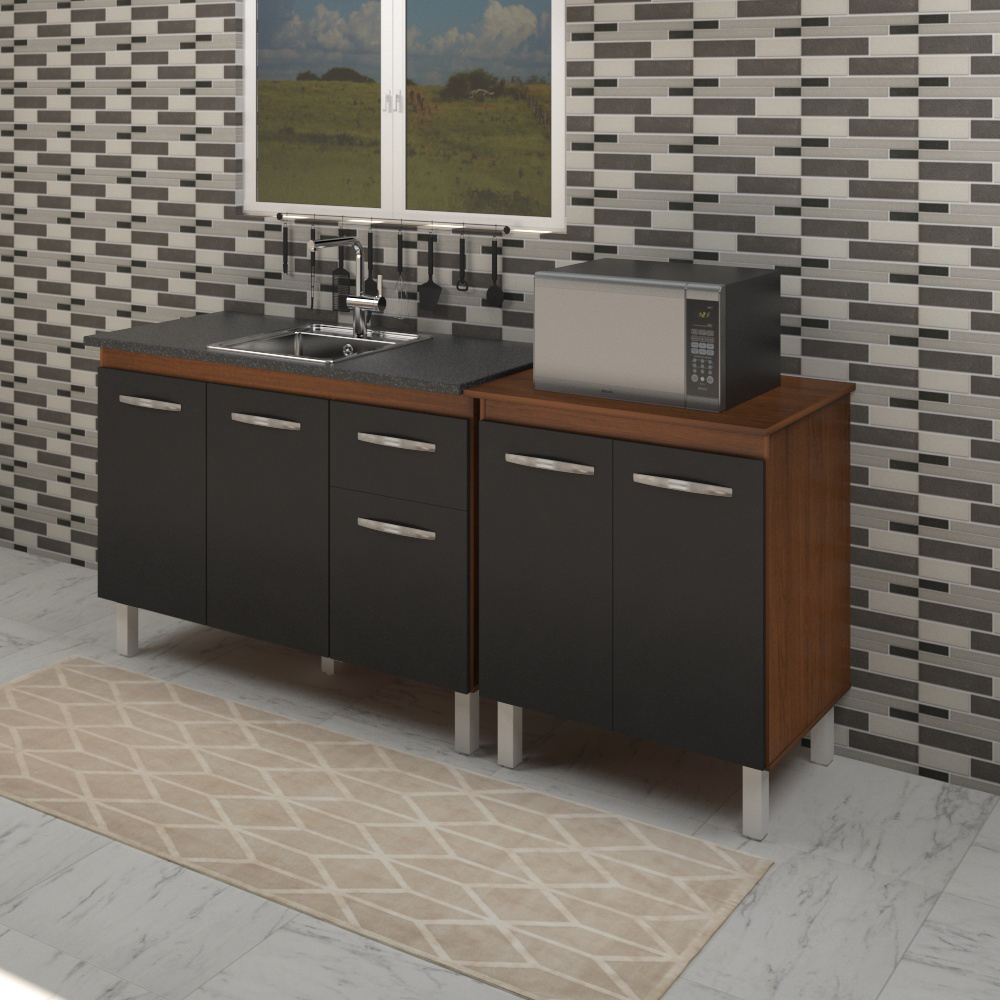 Armário Cozinha Gabinete pia de 120 cm com Balcão multiuso micro-ondas Forno Elétrico Savana frente preta 