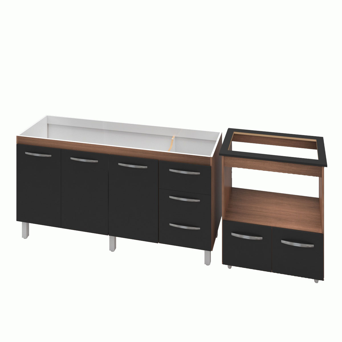 Armário Gabinete Balcão para Pia 138 cm Carina Balcão para Cooktop 5 Bocas Forno Elétrico Elisa Savana frente Preta 