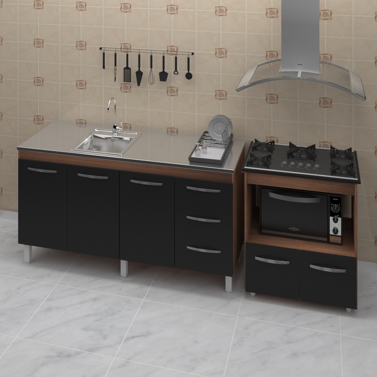 Armário Gabinete Balcão para Pia 138 cm Carina Balcão para Cooktop 5 Bocas Forno Elétrico Elisa Savana frente Preta 