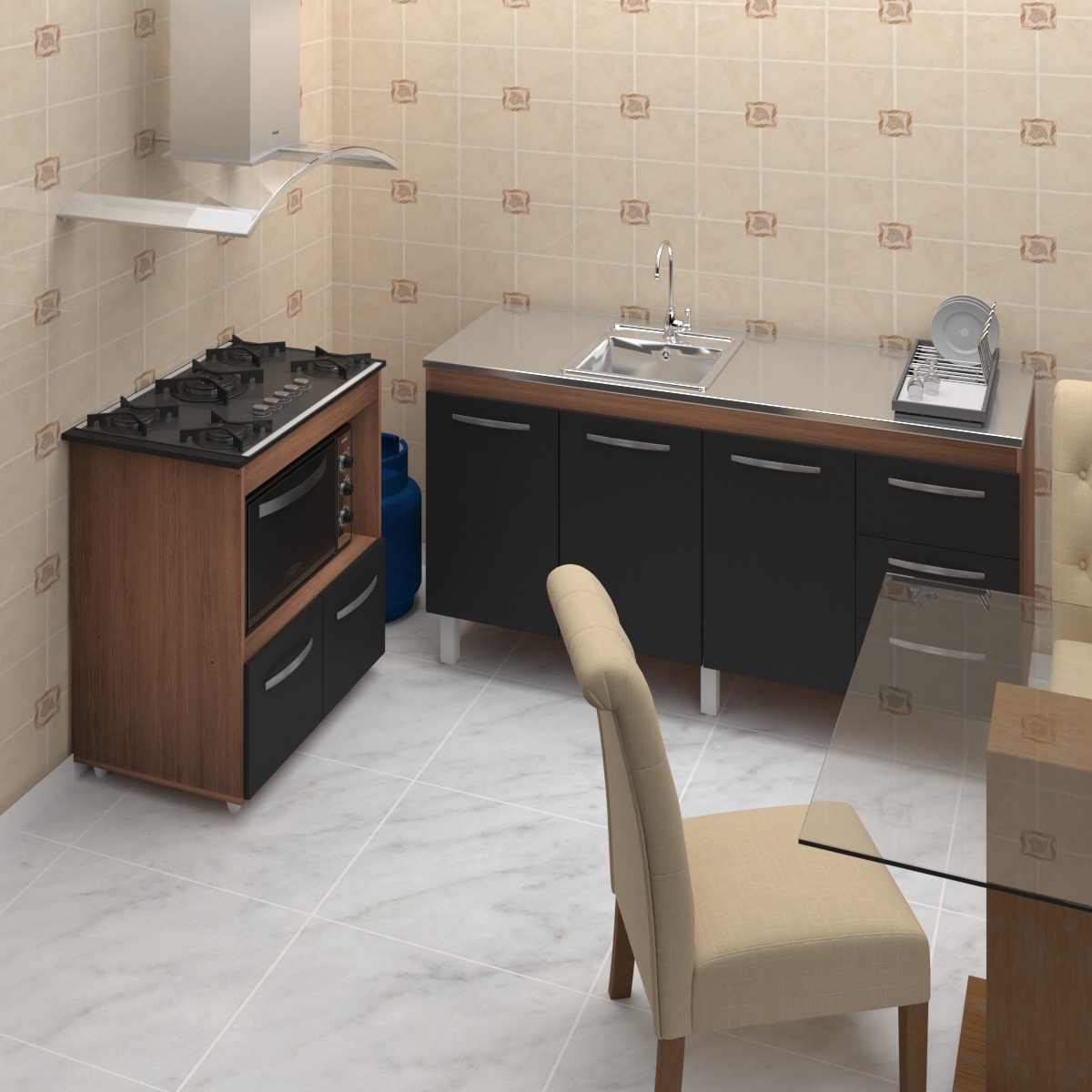 Armário Gabinete Balcão para Pia 138 cm Carina Balcão para Cooktop 5 Bocas Forno Elétrico Elisa Savana frente Preta 