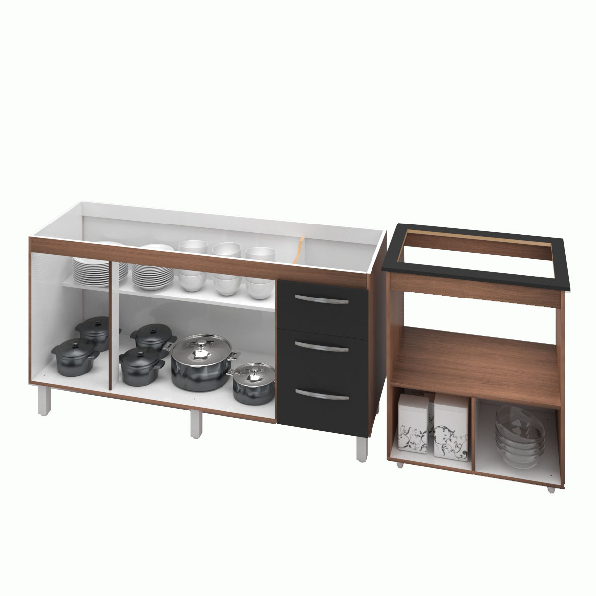Armário Gabinete Balcão para Pia 138 cm Carina Balcão para Cooktop 5 Bocas Forno Elétrico Elisa Savana frente Preta 