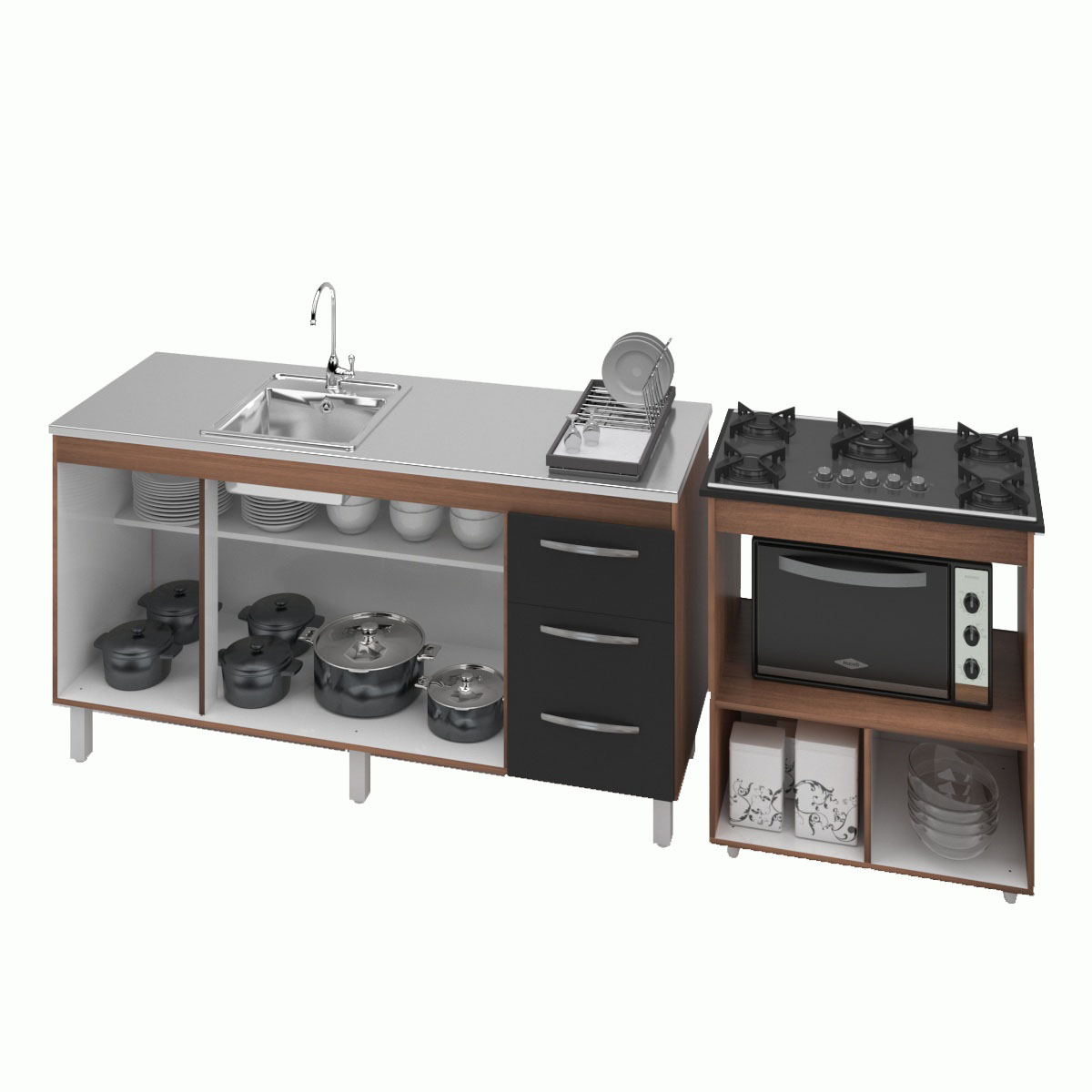 Armário Gabinete Balcão para Pia 138 cm Carina Balcão para Cooktop 5 Bocas Forno Elétrico Elisa Savana frente Preta 