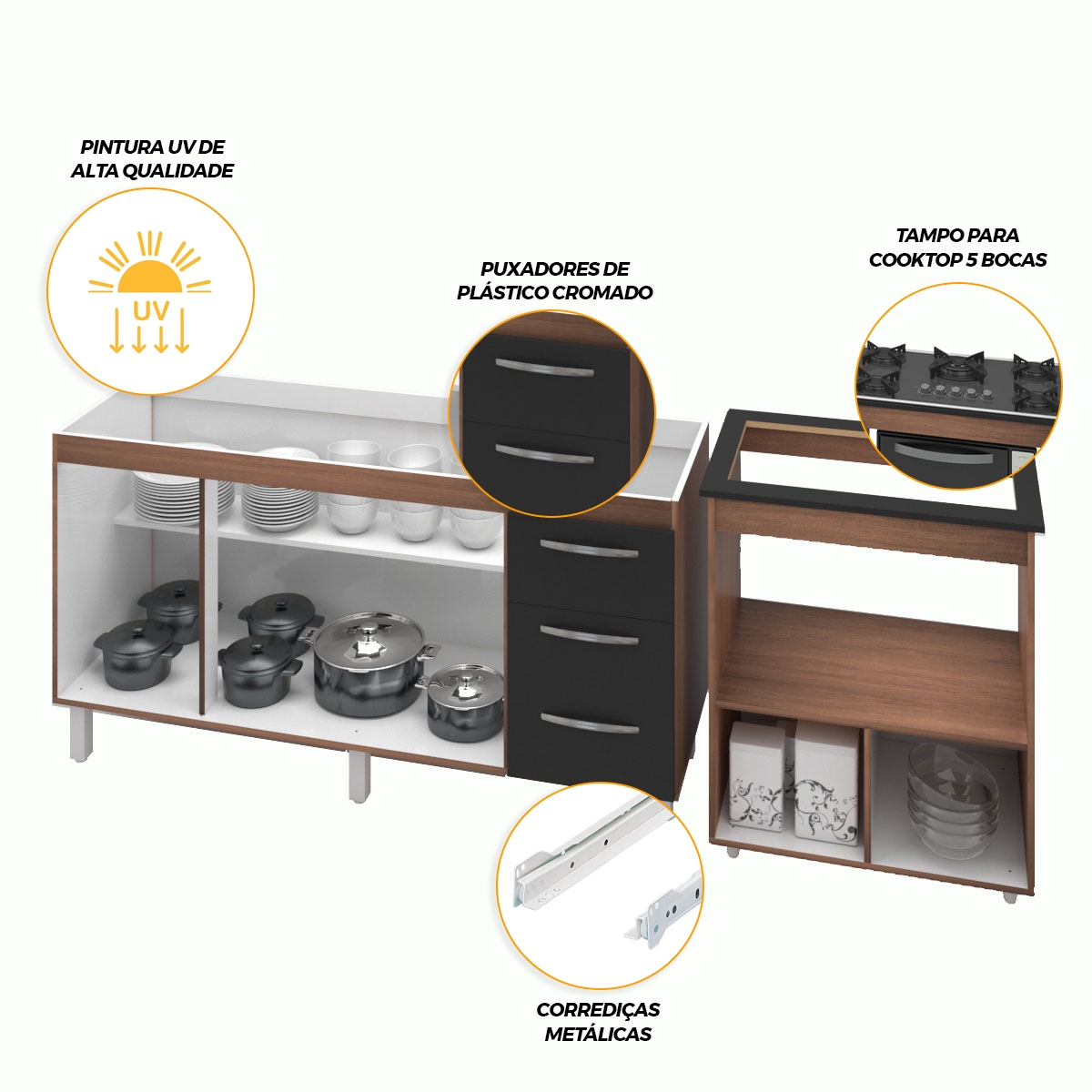 Armário Gabinete Balcão para Pia 138 cm Carina Balcão para Cooktop 5 Bocas Forno Elétrico Elisa Savana frente Preta 