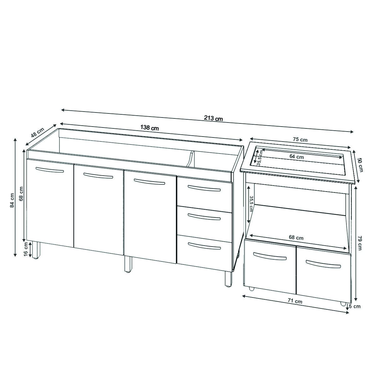 Armário Gabinete Balcão para Pia 138 cm Carina Balcão para Cooktop 5 Bocas Forno Elétrico Elisa Savana frente Preta 