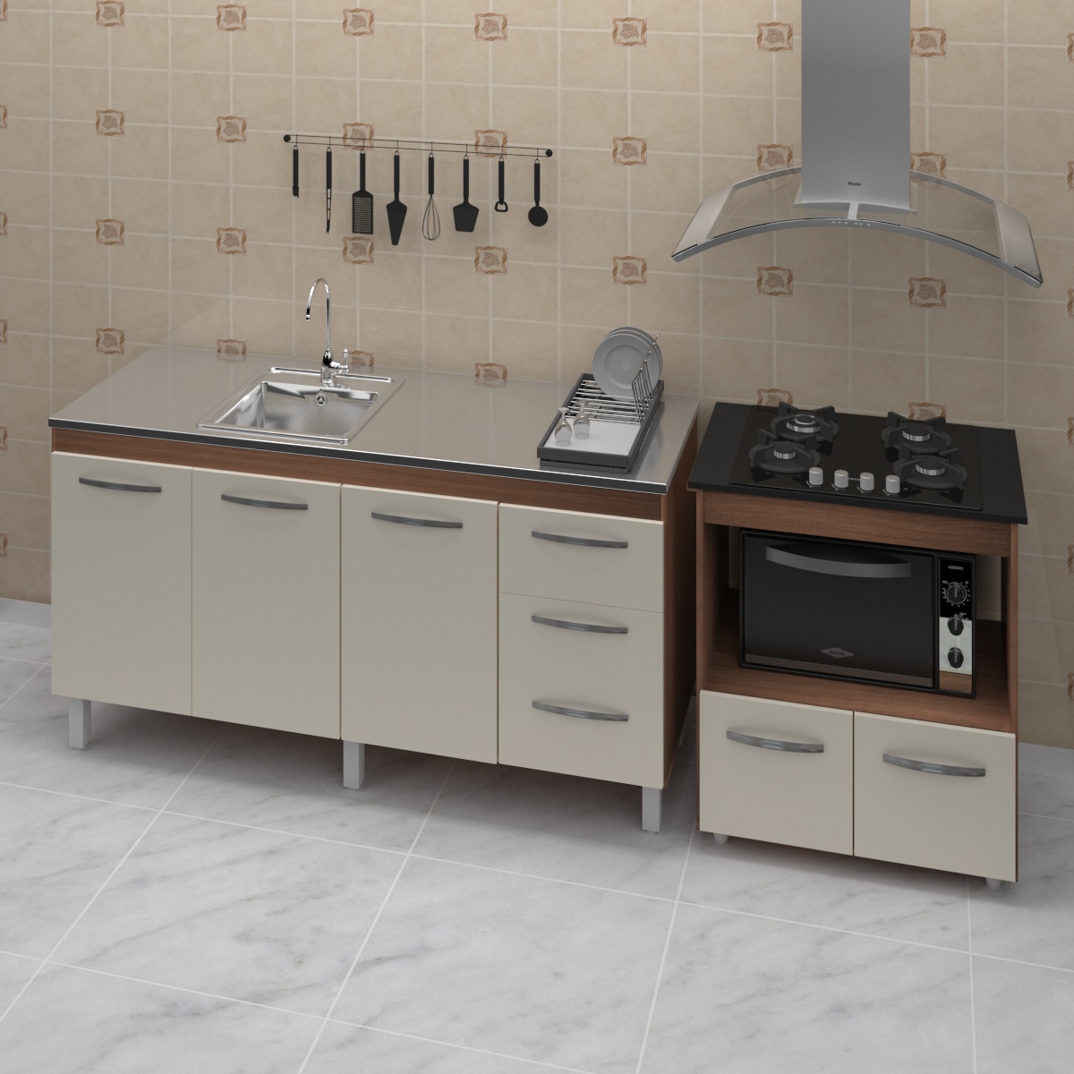 Armário Gabinete Balcão para Pia 138 cm Carina com Balcão para Cooktop 4 Bocas e Forno Elétrico Savana frente Off-White 