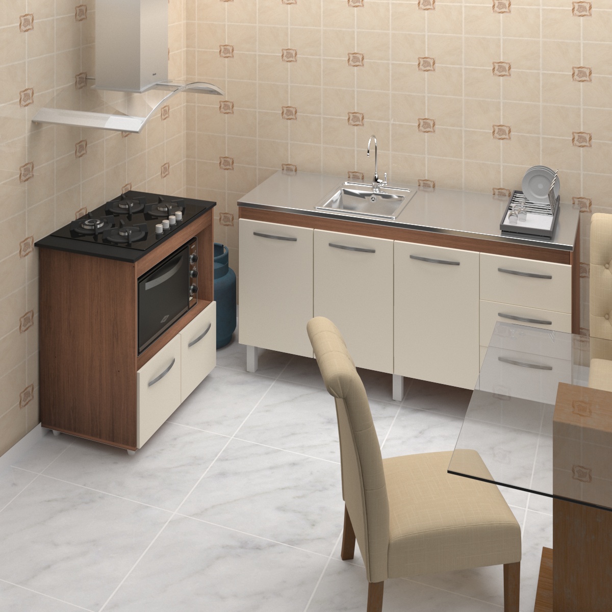 Armário Gabinete Balcão para Pia 138 cm Carina com Balcão para Cooktop 4 Bocas e Forno Elétrico Savana frente Off-White 