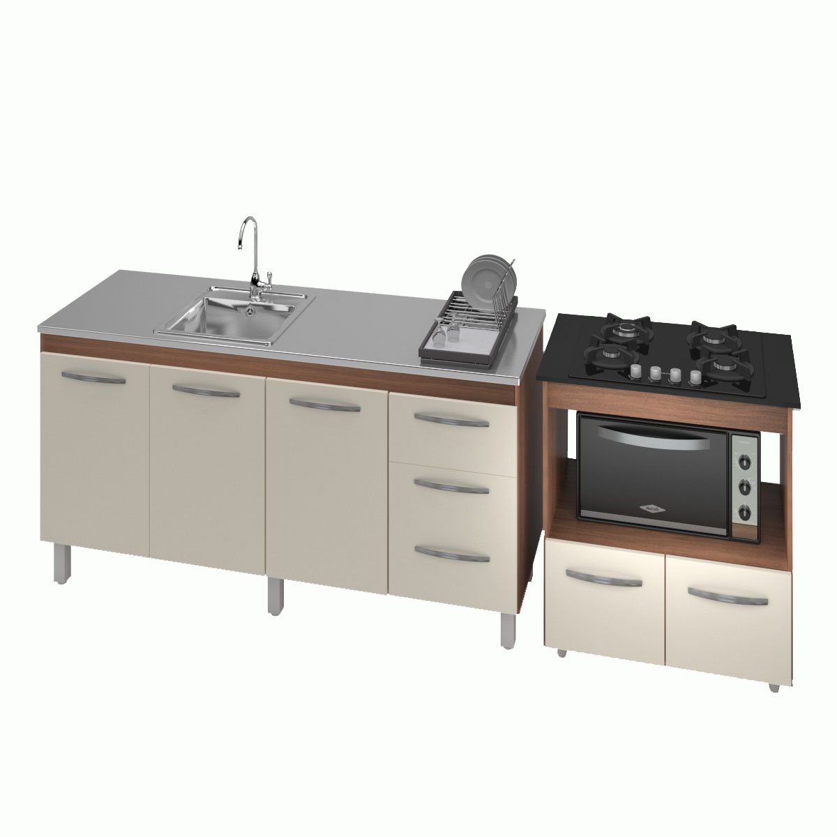 Armário Gabinete Balcão para Pia 138 cm Carina com Balcão para Cooktop 4 Bocas e Forno Elétrico Savana frente Off-White 