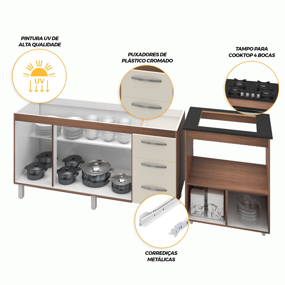 Armário Gabinete Balcão para Pia 138 cm Carina com Balcão para Cooktop 4 Bocas e Forno Elétrico Savana frente Off-White 